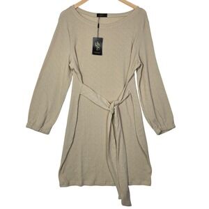 Dressystar Womens Size XXL Beige Sweater Dress Tie Waist Textured Minimalist